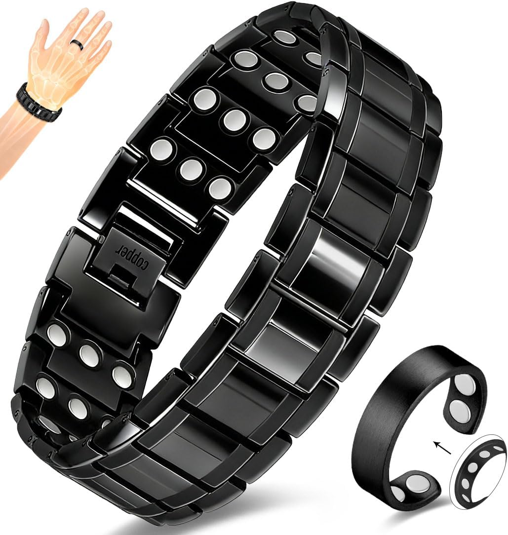 Vicmag Copper Magnetic Bracelet for Men, 3X Strength Magnets, Pure Copper Bracelet & 9X Magnet Ring Set, Adjustable Fit with Sizing Tool(Classic Black)