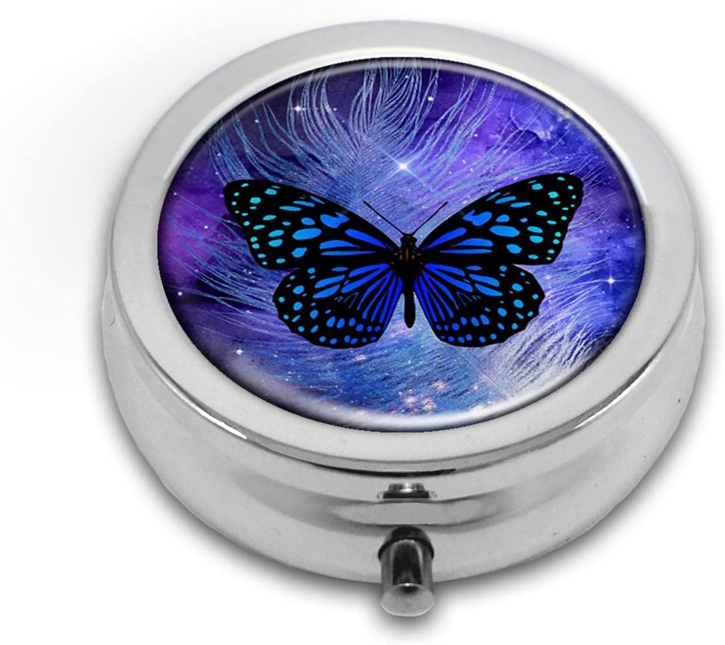Pill Box,Butterfly Purple Galaxy Feather Round Pill Box 3 Compartment Decorative Pocket Purse Portable Mini Travel Medicine Tablet Vitamin Holder Organizer Pill Case