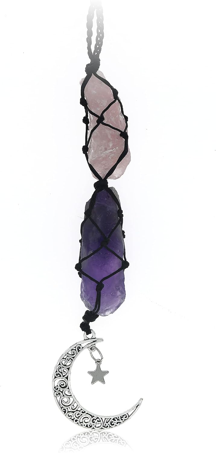 BOHO GARDEN Crystal Hanging Car Charm - Purple Rear View Mirror Hanging Car Accessories for Women, Moon Decor Hanging Ornament, Witchy Gifts and Healing Stones - Rose Quartz & Amethyst