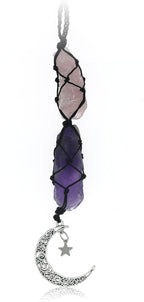 BOHO GARDEN Crystal Hanging Car Charm - Purple Rear View Mirror Hanging Car Accessories for Women, Moon Decor Hanging Ornament, Witchy Gifts and Healing Stones - Rose Quartz & Amethyst
