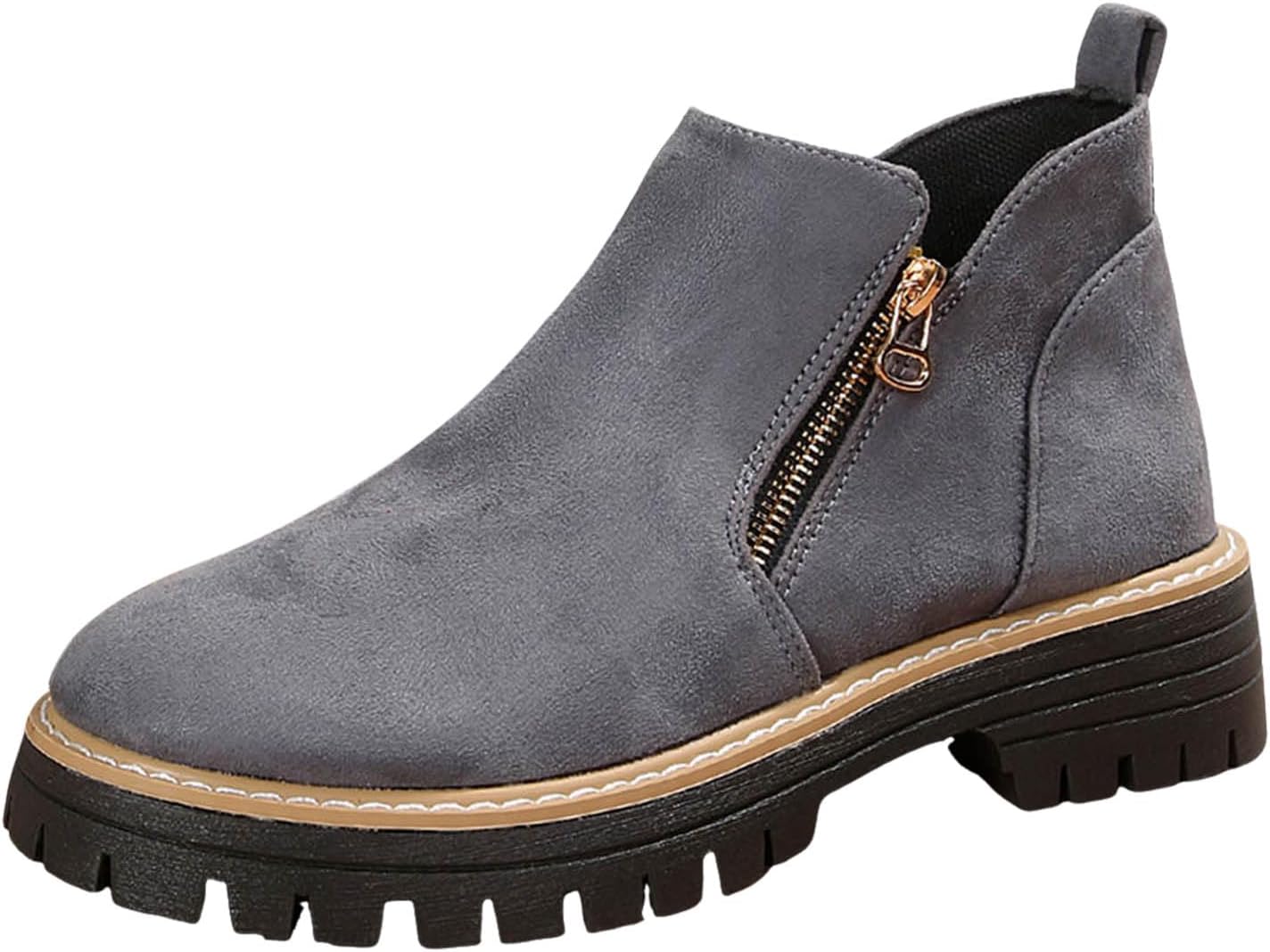 ZSpzx Women Suede Ankle Boots Platforms Buckle Straps Chunky Block Heels Round Toe Slip on Retro Solid Short Booties Stylish Casual Comfortable Fall Winter Office Walking Western Shoes