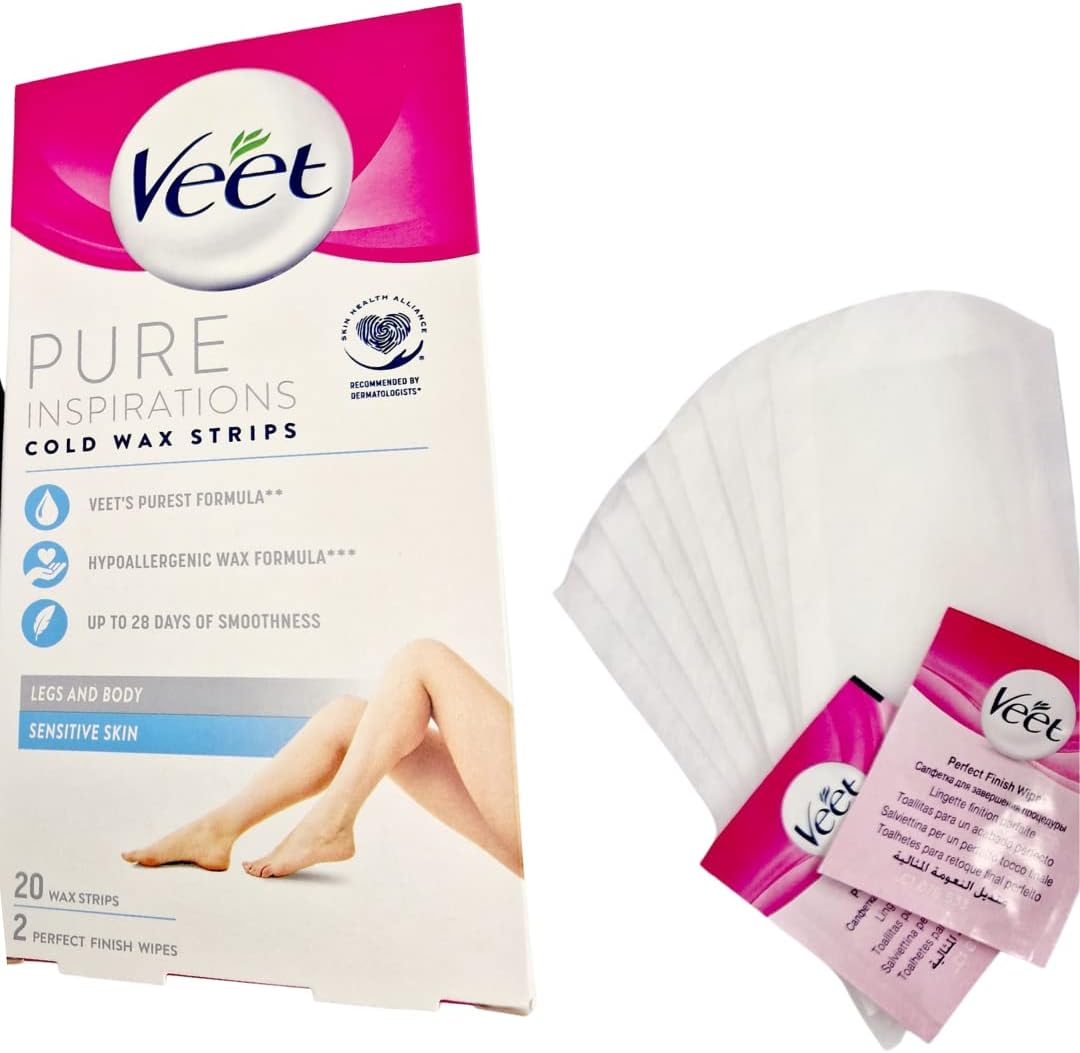 Veet Pure Cold Wax Strips, Legs & Body, Sensitive Skin, 20 Strips, 2 Finish Wipes, Hair Removal, Removes Hair From Root, 28 Days Smoothness, Hypoallergenic Formula (Packaging may vary)