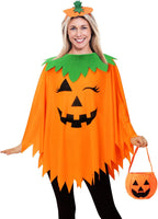 WISHTEN 3PCS Halloween Pumpkin Costume for Women,Pumpkin Poncho for Adults with Headband & Bag,Halloween Costume for Women