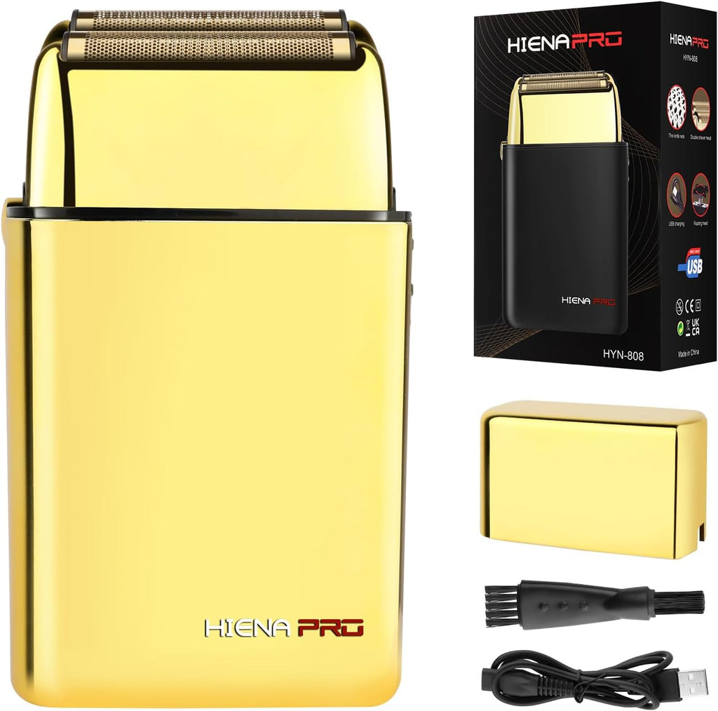 HIENA PRO Foil Shaver for Men Barber, Double Electric Foil Trimmer, Professional Electric Razor, Close Shaver, Cordless Rechargeable with USB, Gold
