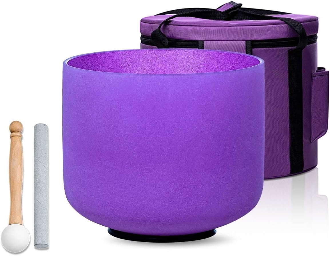 Purple B Note Crown Chakra 8 inch Quartz Crystal Singing Bowl, for Healing Mindfulness Meditation Yoga Sound Baths, with Case Rubber Mallet