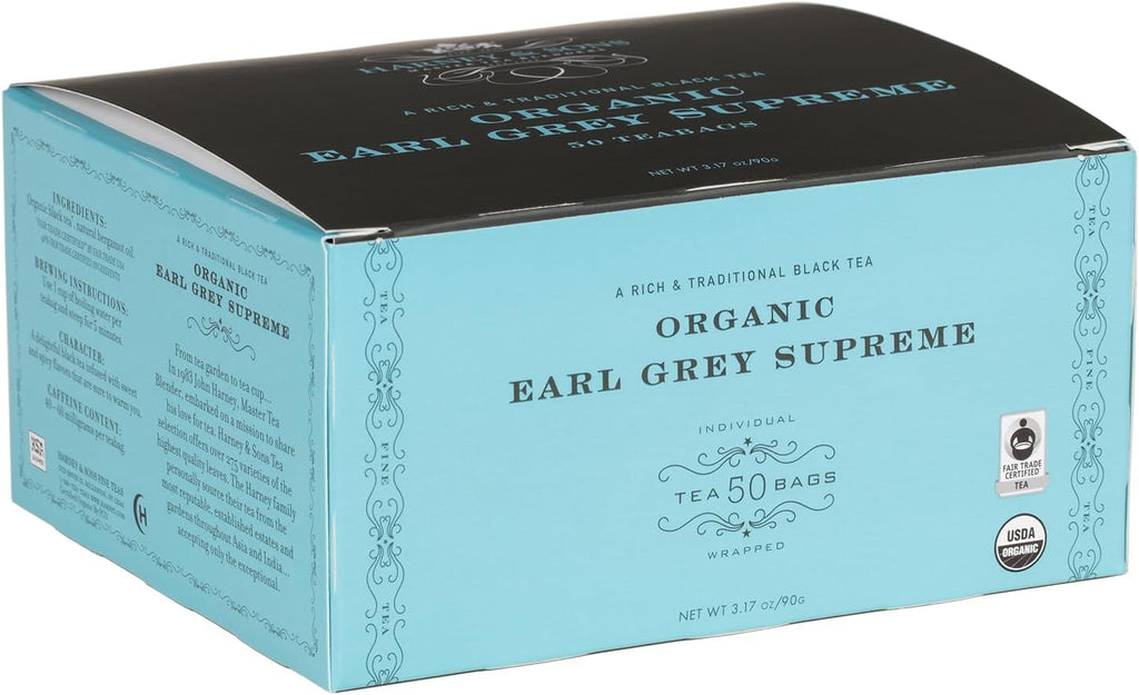 Harney & Sons Organic Earl Grey Supreme | Box of 50 Organic Earl Grey Tea Bags with Black Tea & Bergamot Oil, Individually Wrapped Teabags