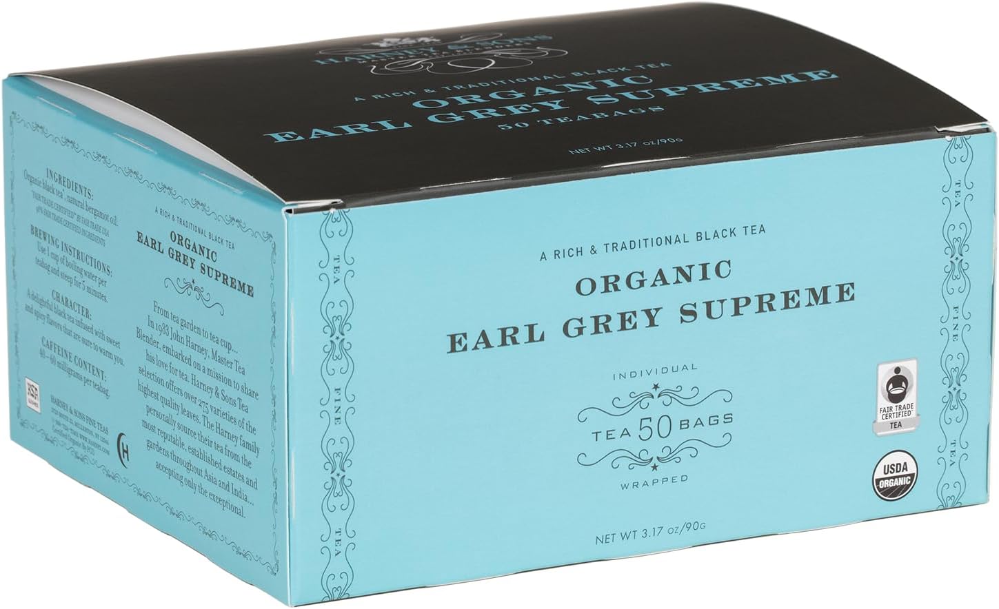 Harney & Sons Organic Earl Grey Supreme | Box of 50 Organic Earl Grey Tea Bags with Black Tea & Bergamot Oil, Individually Wrapped Teabags