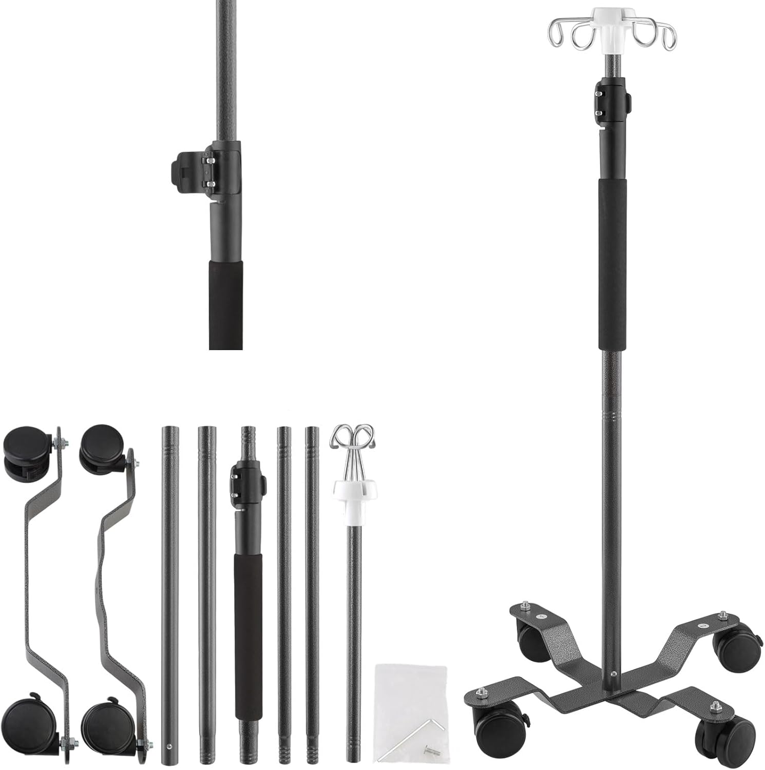 IV Poles with Wheels,47 to 100In Portable IV Floor StandTelescopic with 4 Hooks IV Bag Holder Stand Feeding Pump Stand Stainless Steels Pipe Extension Pole IV Influsion Pole