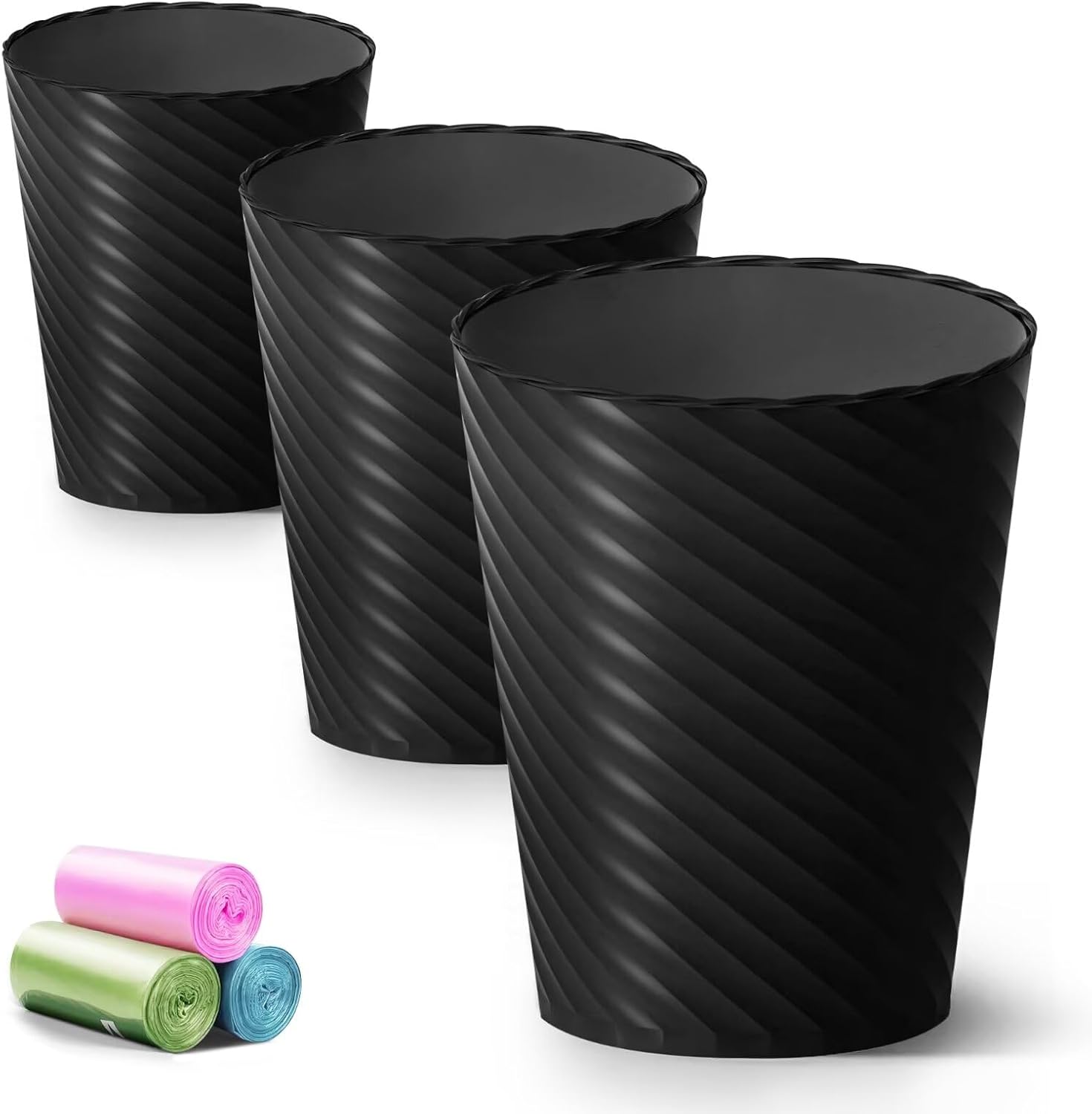 Lysam Bathroom Trash Can, 3 Pack 1.8 Gallons Small Trash Can with Trash Bags, Bathroom Garbage Can, Plastic Trash Bin, Round Waste Basket for Bedroom, Office, Kitchen, Room, Compact Space (Black)