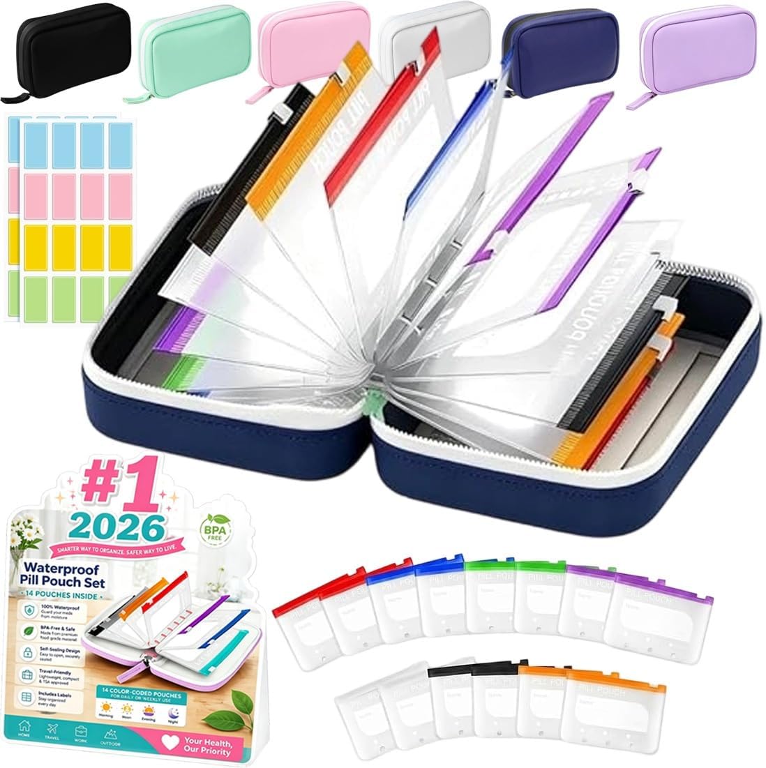 Waterproof Pill Pouch Set-14Pcs Bags Inside, Reusable BPA-Free Medicine Storage Weekly Medicine Organizer, Holder Daily Container with Labels Self-Sealing Design for Travel Purse Use(Blue,14Pcs Set)