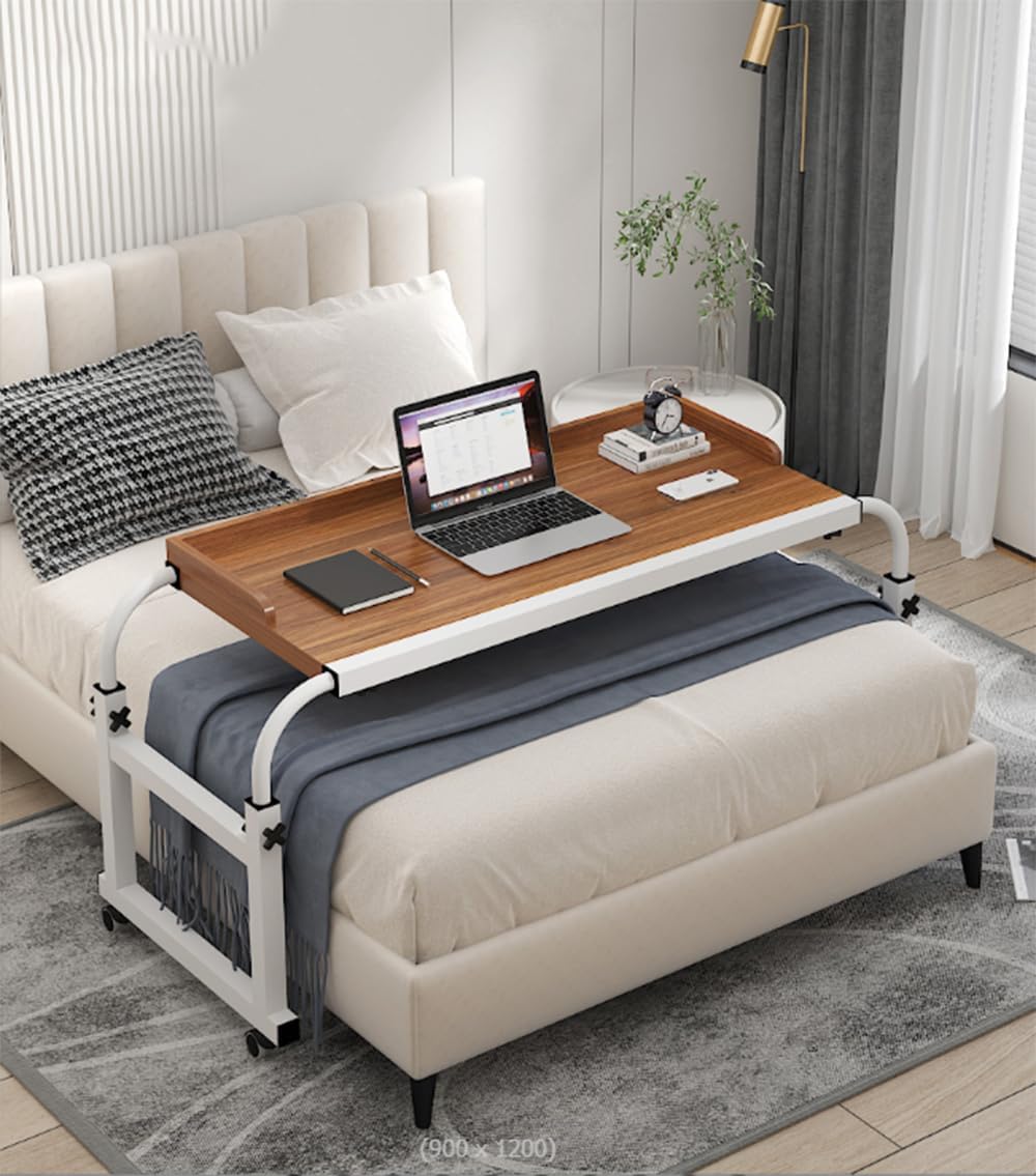 Mobile Over Bed King Queen Laptop Long Overbed Table Adjustable Height with Wheels Food Tray Desk Rolling Medical Table Overbed Bedside Table with Rolling Wheels