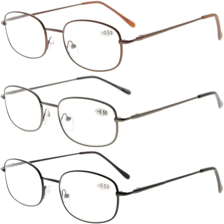Eyekepper Metal Frame Spring Hinged Arms Reading Glasses 3 Pair(Brown/Gunmetal/Black) Valupac Metal Readers +2.25