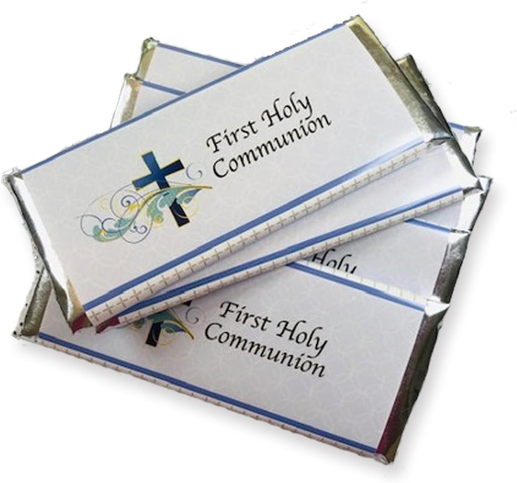 Boys First Holy Communion Candy bar Wrappers - Set of 15 - Silver foil Included