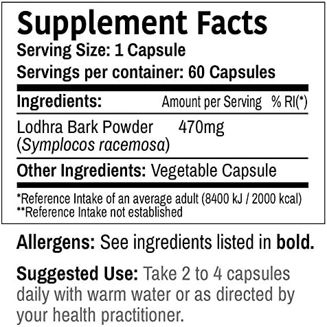 DR WAKDE's Organic Lodhra Capsules (Symplocos racemosa) I 100% Natural Herbal Supplement I 60 Veggie Capsules