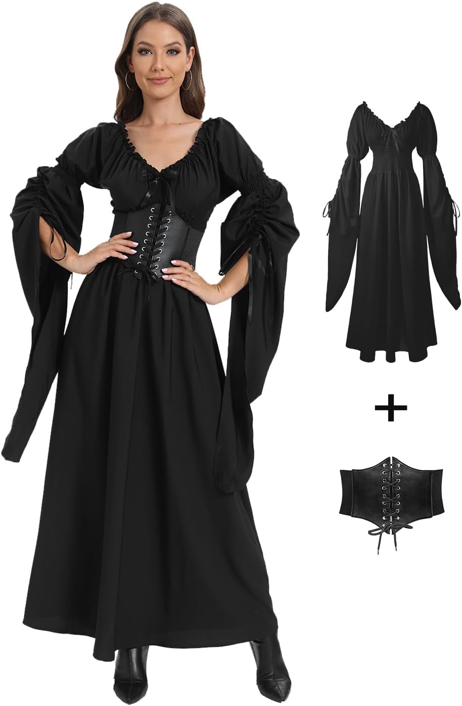 Halloween Renaissance Witch Dress for Women, Victorian Vintage Medieval Pirate Peasant Gothic Fairy Cosplay Costumes
