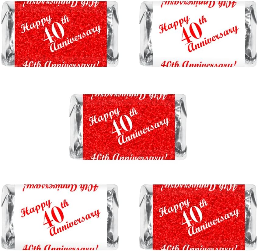 40th Anniversary Miniatures Candy Bar Wrapper, (Set of 60) Mini Candy Chocolate Bar Stickers; Red and White, Candy Not Included. Made in USA