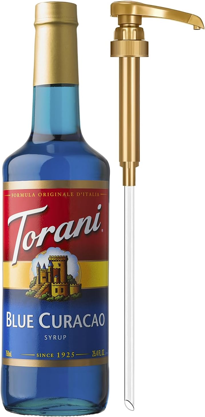 Torani Blue Curacao Syrup, Non-Alcoholic Flavoring for Drinks, Glass Bottle with Pump Included, 25.4 Fl Oz