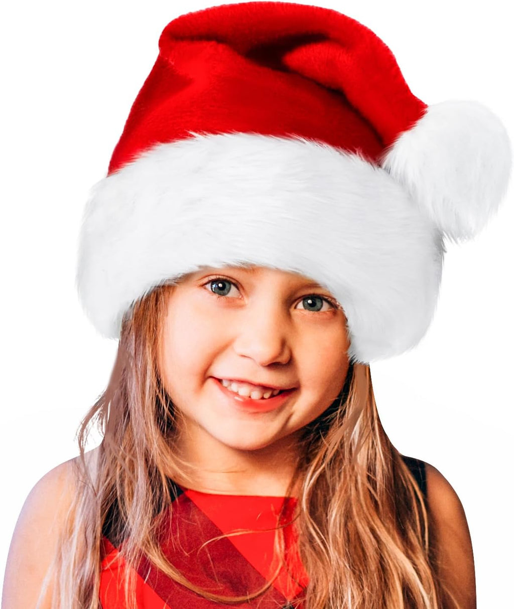 BOSONER Santa Hat,Xmas Holiday Hat for Kids,Unisex Velvet Comfort Christmas Hats Extra Thicken Classic Fur for Christmas New Year Festive Holiday Party Supplies