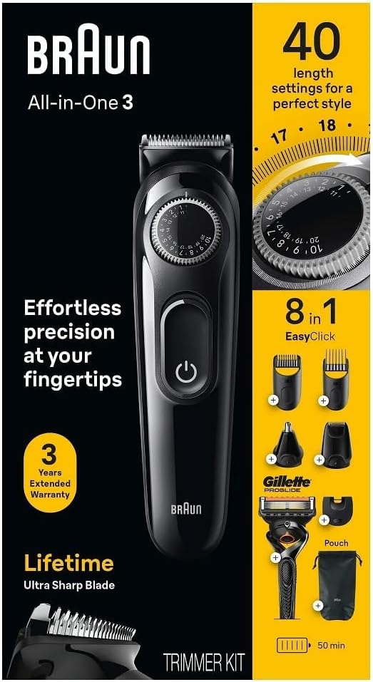 Braun All-in-One Style Kit Series 3 3470, 8-in-1 Trimmer for Men with BeardTrimmer, Ear & NoseTrimmer, Hair Clippers & More, Ultra-Sharp Blade, 40 Length Settings, Washable