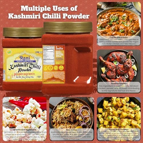 Rani Kashmiri Chilli Powder (Deggi Mirch, Low Heat) Ground Indian Spice 16oz (1lb) 454g PET Jar ~ All Natural | Salt-Free | Vegan | Kosher | Gluten Friendly