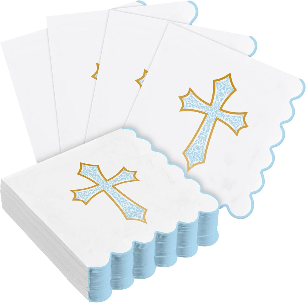 Crtiin 50 Pack Blue Cross Pattern Paper Napkins 3 Ply 5 x 5 in Baptism Disposable Cocktail Napkins with Scalloped Edges for Christening Religious, First Communion, Newborn Baby Shower Party Supplies