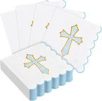 Crtiin 50 Pack Blue Cross Pattern Paper Napkins 3 Ply 5 x 5 in Baptism Disposable Cocktail Napkins with Scalloped Edges for Christening Religious, First Communion, Newborn Baby Shower Party Supplies