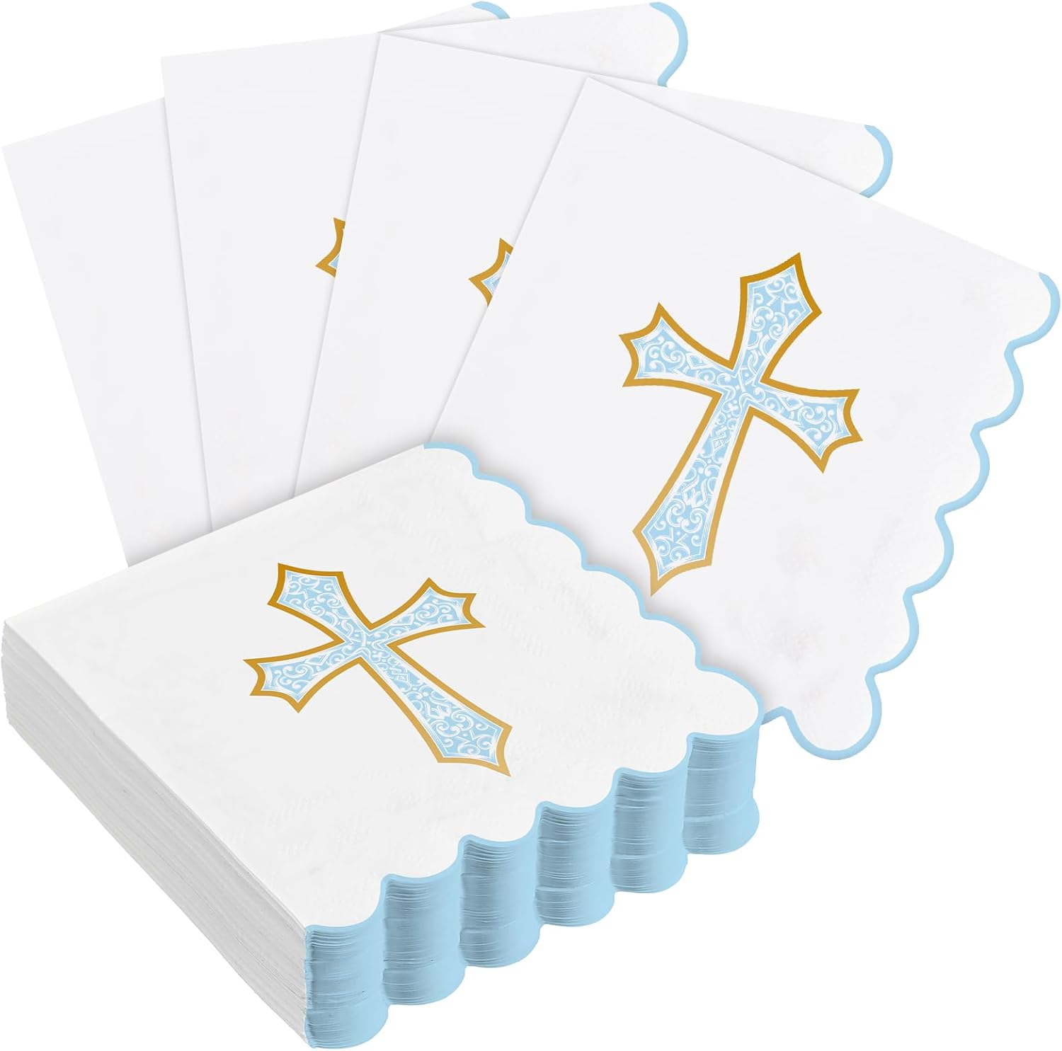 Crtiin 50 Pack Blue Cross Pattern Paper Napkins 3 Ply 5 x 5 in Baptism Disposable Cocktail Napkins with Scalloped Edges for Christening Religious, First Communion, Newborn Baby Shower Party Supplies