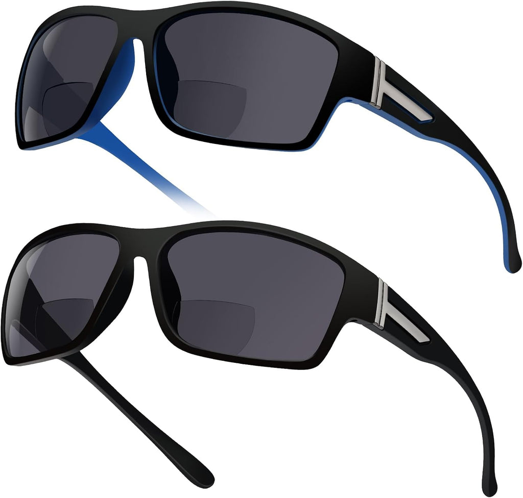 2 Pack Bifocal Sunglasses for Men with Built-in Readers, TR90 Frame UV400 Protection Wrap Around Reading Sun Glasses for Outdoor Sports, Driving & Fishing(2.5x)