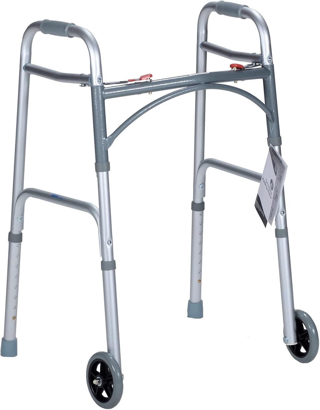 Dynarex Junior Two-Button Folding Walker with Wheels has Tool-Free Adjustable Height up to 32.5” & 300 Pound Weight Capacity, Silver, 1 Junior Two-Button Folding Walker with Wheels
