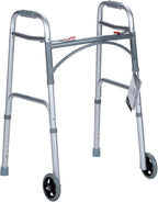 Dynarex Junior Two-Button Folding Walker with Wheels has Tool-Free Adjustable Height up to 32.5” & 300 Pound Weight Capacity, Silver, 1 Junior Two-Button Folding Walker with Wheels