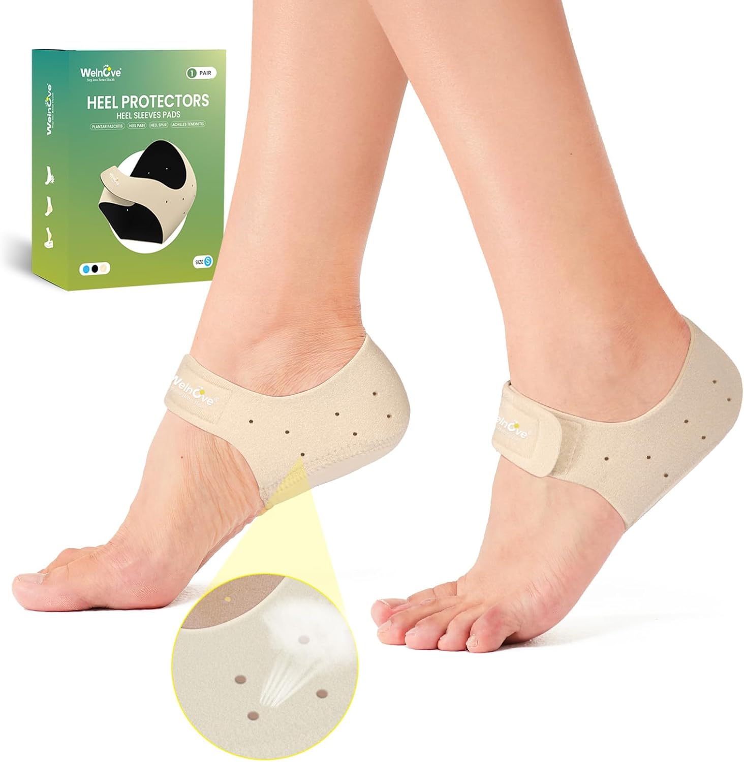 Heel Protectors Cups for Plantar Fasciitis - Welnove Heel Cups for Women Men Heels Spur Pain Relief - Heel Inserts Pads for Achilles Tendonitis Dry Cracked Heel Support Cushion (Size: W 4.5-9 / M 5-8)