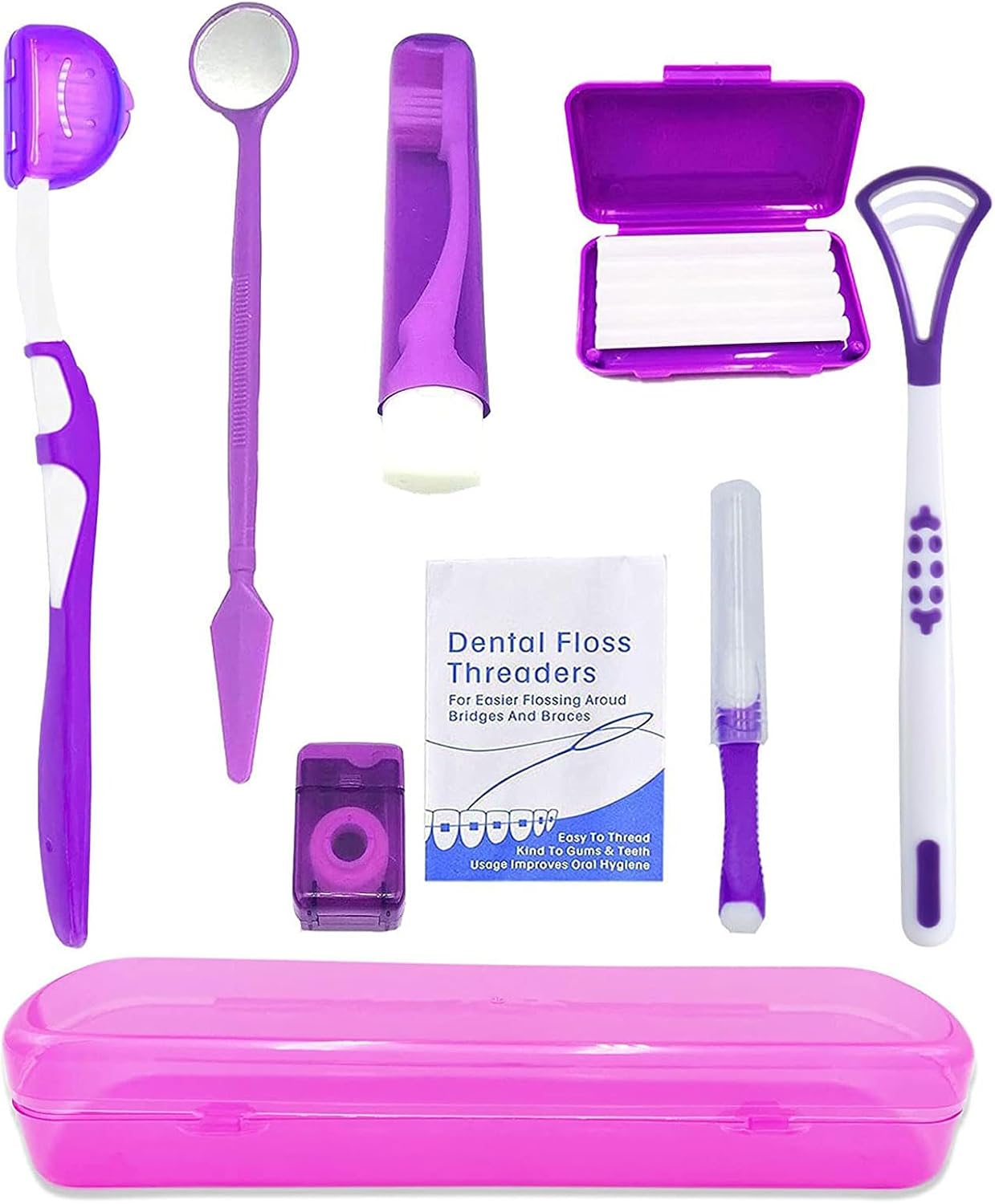 Portable Orthodontic Oral Care Kit for Braces - Interdental Brush Dental Wax Dental Floss Toothbrush Cleaning Kit(Purple)