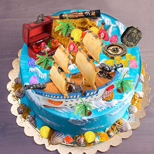 Charniol 32 Pcs Pirate Ship Cake Topper Nautical Sailboat Model Decoration Set Gold Coins Pirate Gems Treasure Telescope for Birthday Party Supplies