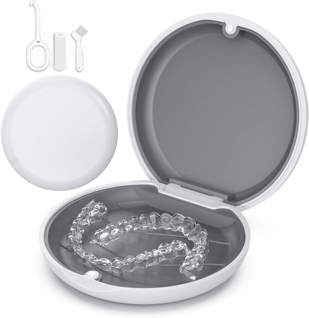 Retainer Case, Slim Aligner Case Compatible with Invisalign, Cute Retainer Box with Silicone Pad, White