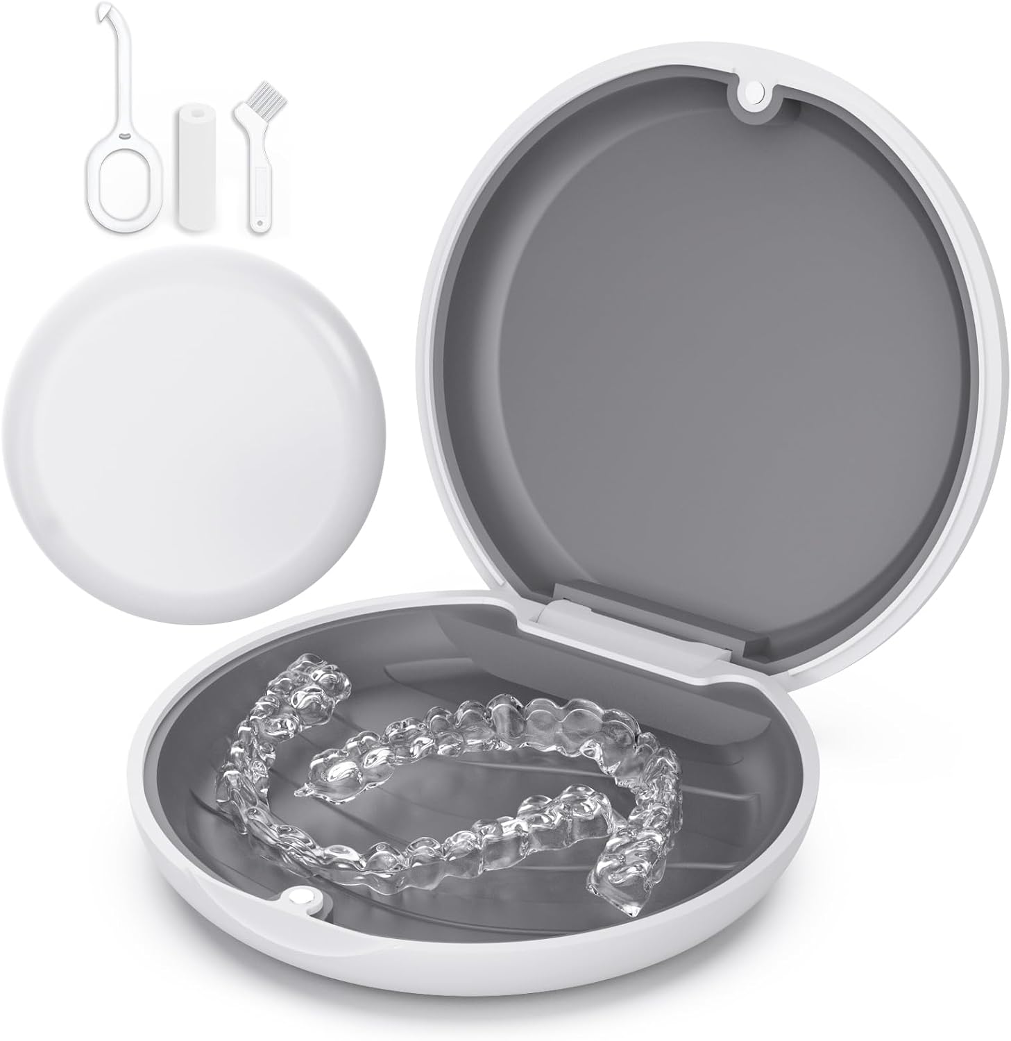Retainer Case, Slim Aligner Case Compatible with Invisalign, Cute Retainer Box with Silicone Pad, White