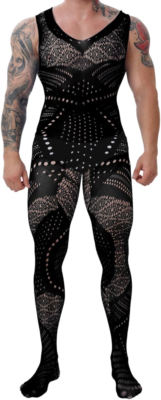 EHSUYAB Mens Lingerie, Sexy Gift For Him Body Stockings, Fishnet Bodysuit Lace Jumpsuit Rave Outfits Glow Party Club