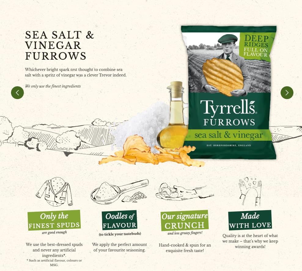 Tyrrells Furrows Hand Cooked English Crisps - Sea Salt & Vinegar (150g)