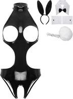 Women's Sexy Bunny Girl Cosplay Costume Wetlook Cutout Bodysuit Naughty Rabbit Lingerie Set