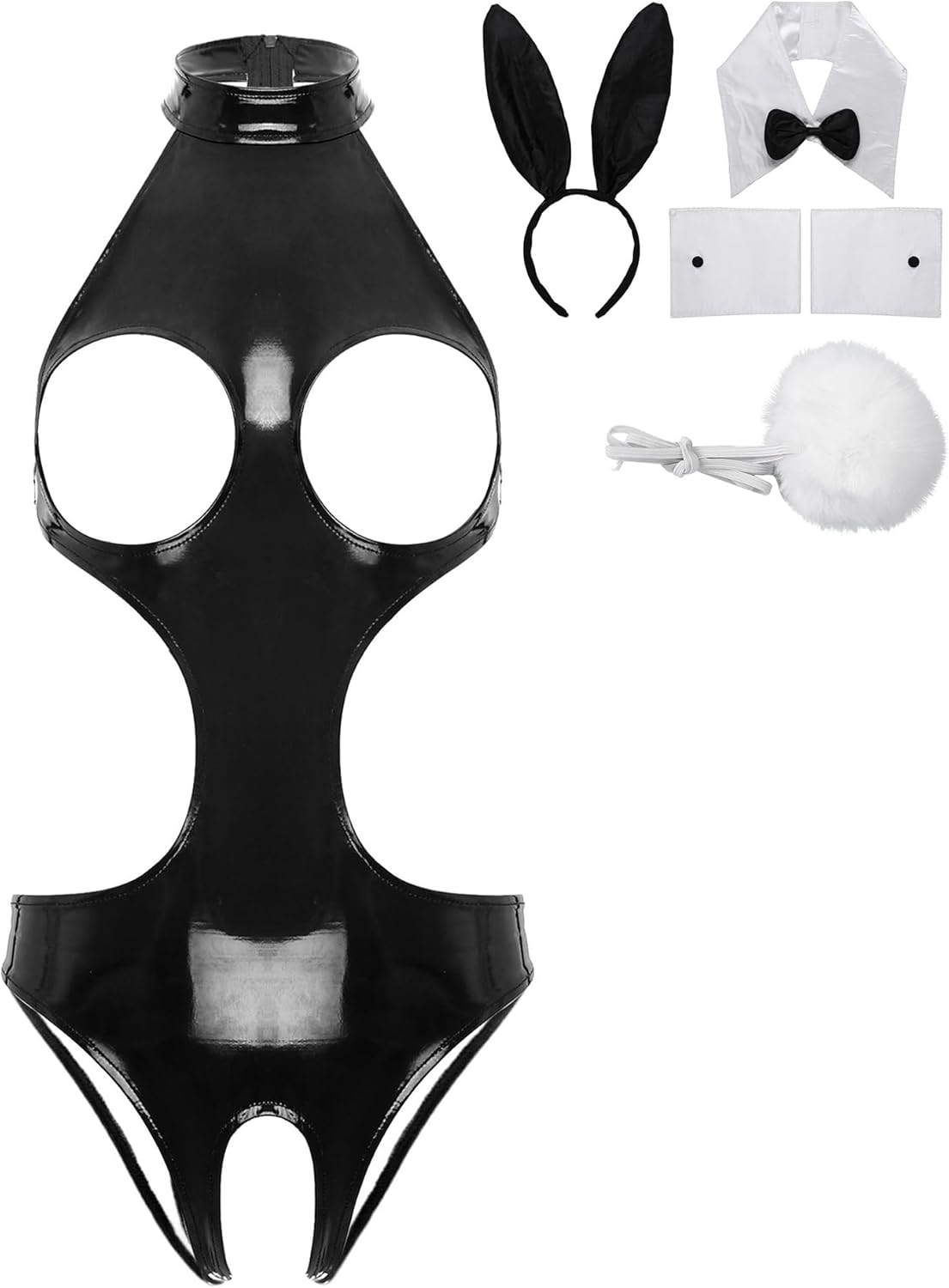 Women's Sexy Bunny Girl Cosplay Costume Wetlook Cutout Bodysuit Naughty Rabbit Lingerie Set