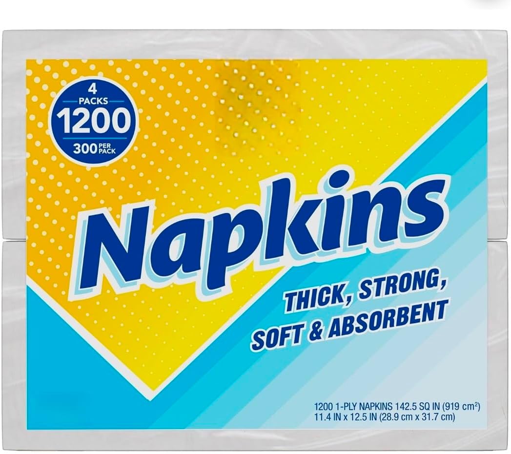 Napkins Paper Napkins, 1200 Count, Thick Strong Soft Absorbent, 4 Packs of 300, 11.4 x 12.5 Inches, 1-Ply