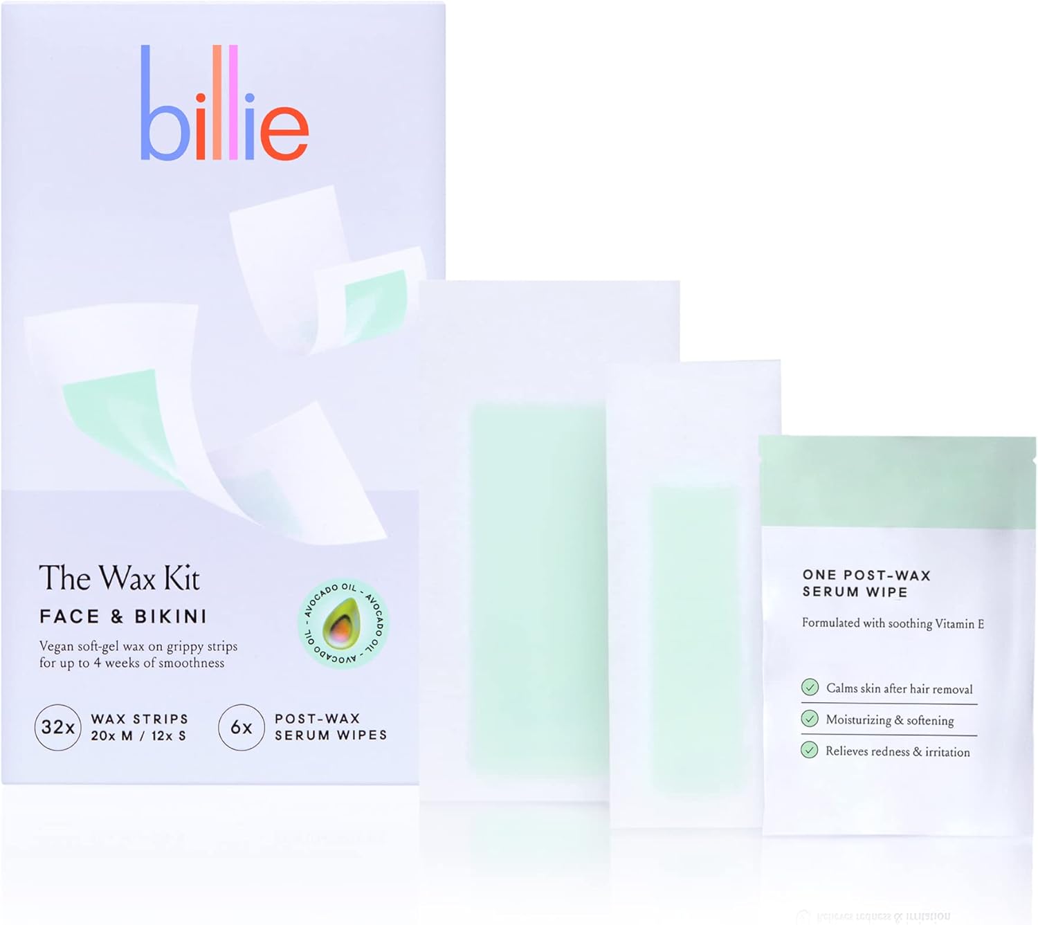 Billie Wax Kit - Face & Bikini - 32 wax strips - 6 post-wax serum wipes