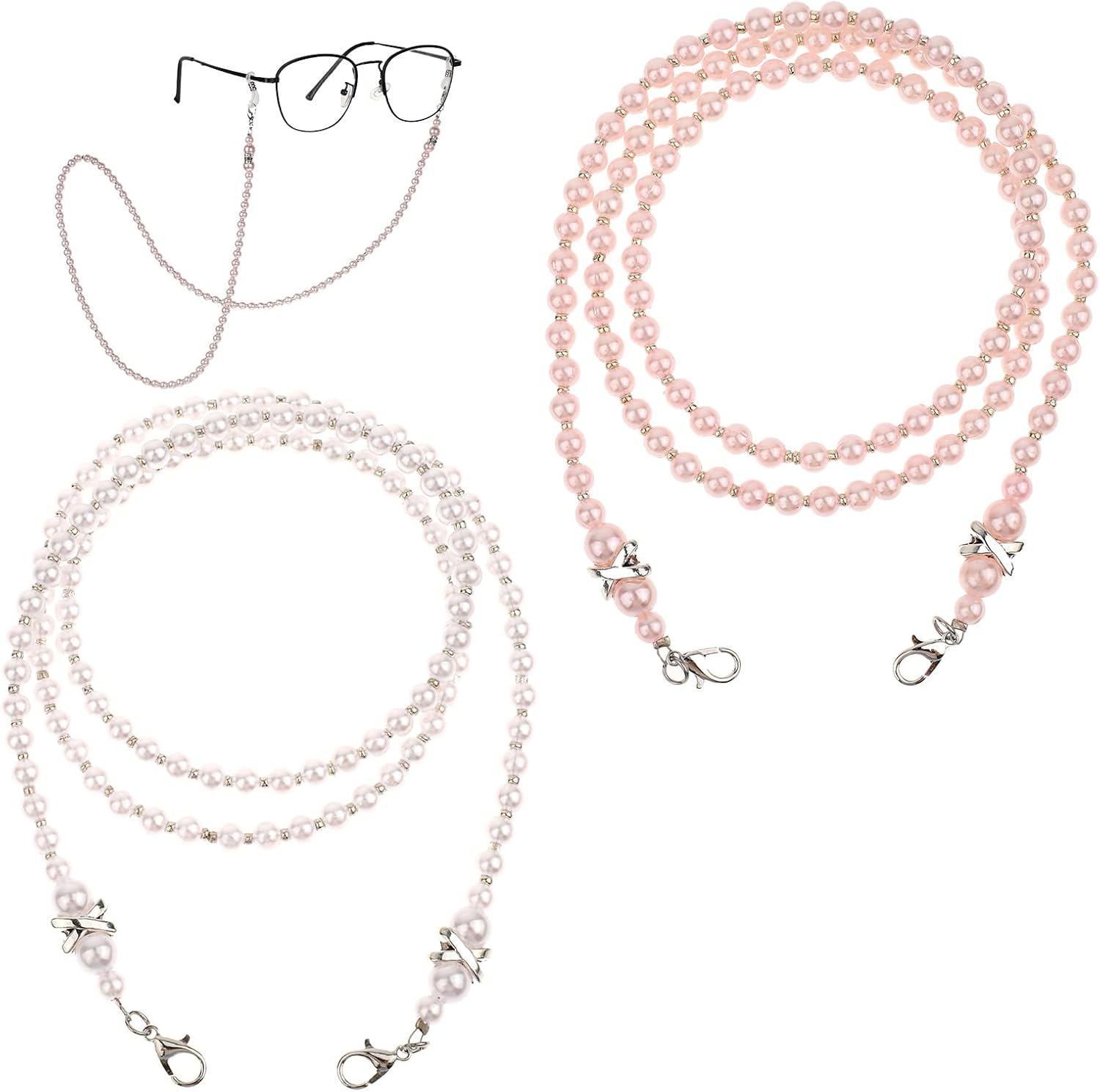 Larrel 2PCS Beaded Glasses Chain, Eyeglass Chain for Women, Fashion Sunglasses Neck Cord, Around Neck Eyeglass Chain-Cord, Acrylic Bead Eye-Glass Lanyard (White, Pink)