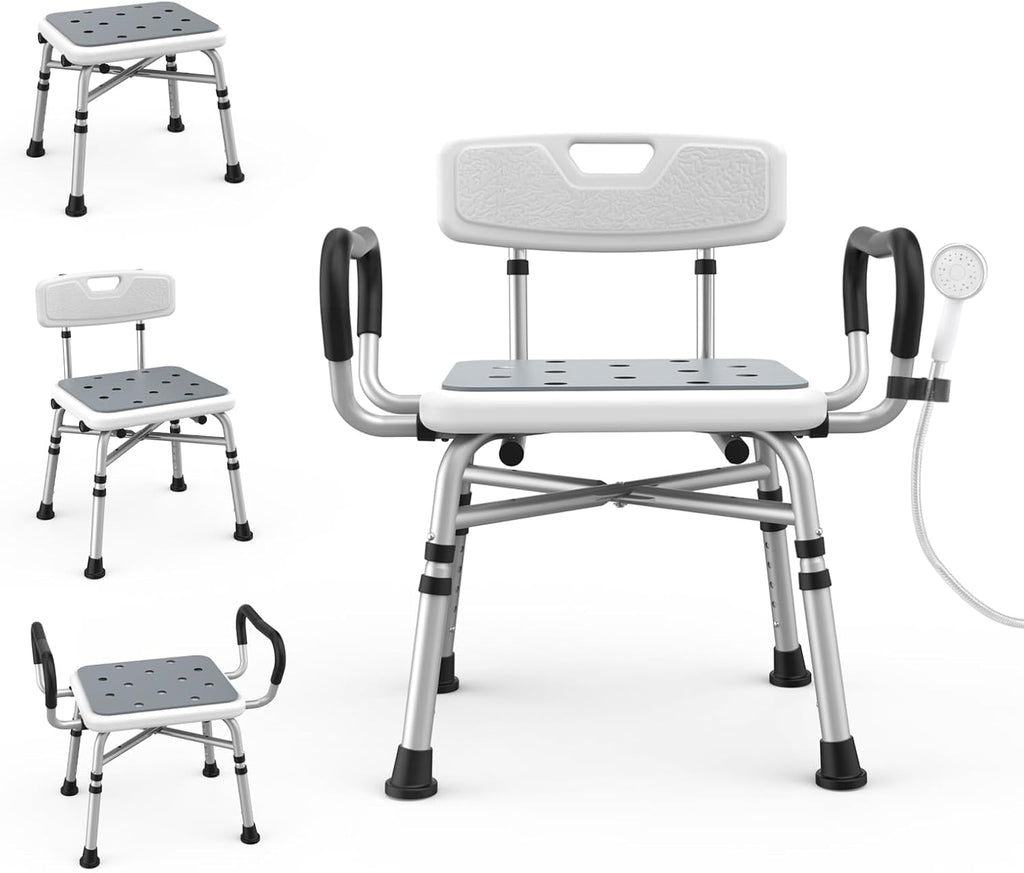 Heavy Duty Shower Chair for Inside Shower and Tub with Reinforced X-Bar, Padded Arms and Backrest, Height Adjustable, Ideal Shower Chair for Elderly and Disabled