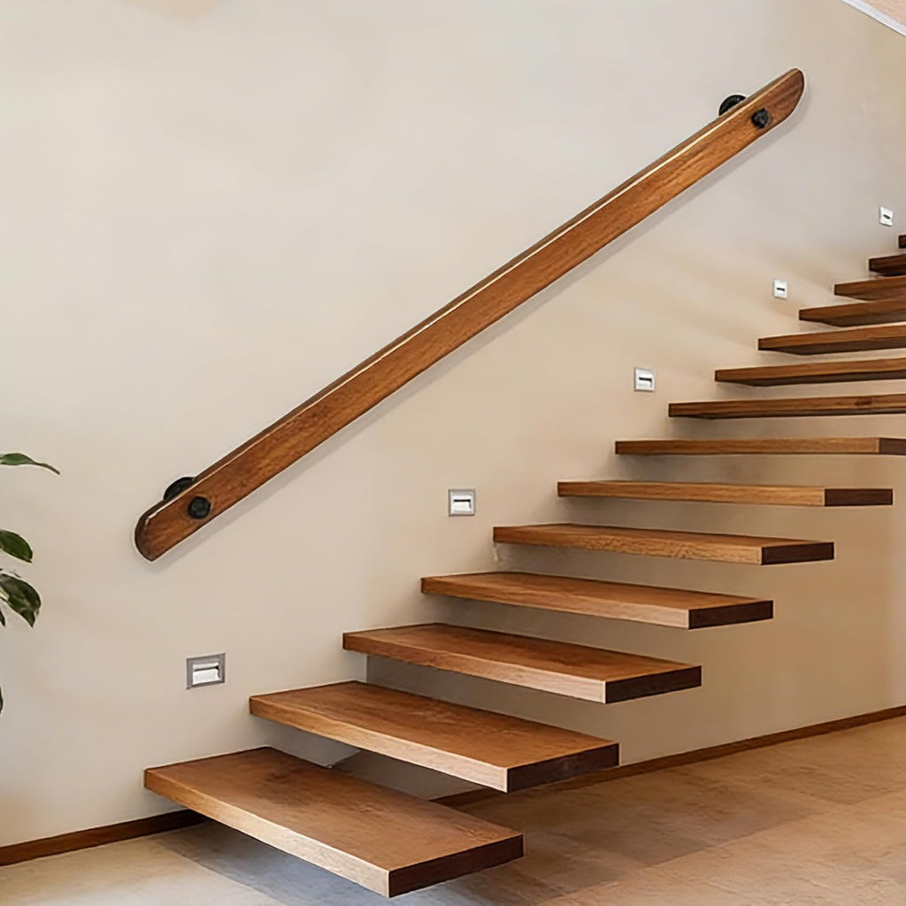 Wood Handrails, Indoor Non-Slip Staircase Handrail,Retro Rustic Wall Mount Railings Handrails, Home Loft Corridor Support Rod,Industrial Pipe Support, Easy to Install (Dark Wood, 2FT)