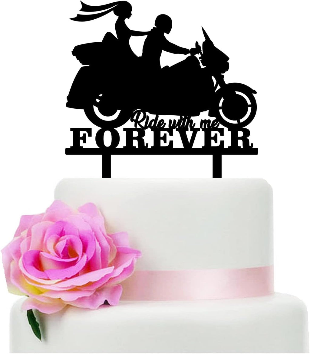 Ride with Me Forever Motorcycle Wedding Cake Topper, Funny Bride and Groom with Motorbike Cake Topper for Wedding Engagement Bridal Shower Party Decoration