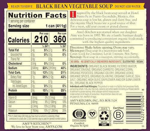 Amy's Soup, Vegan, Gluten Free, Organic Black Bean Vegetable, Low Fat, 14.5 Ounce (Pack of 12)