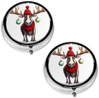 Funny Christmas Moose Print Round Pill Box, Printed Metal Case with 3 Compartments for Pills, Vitamins & Travel