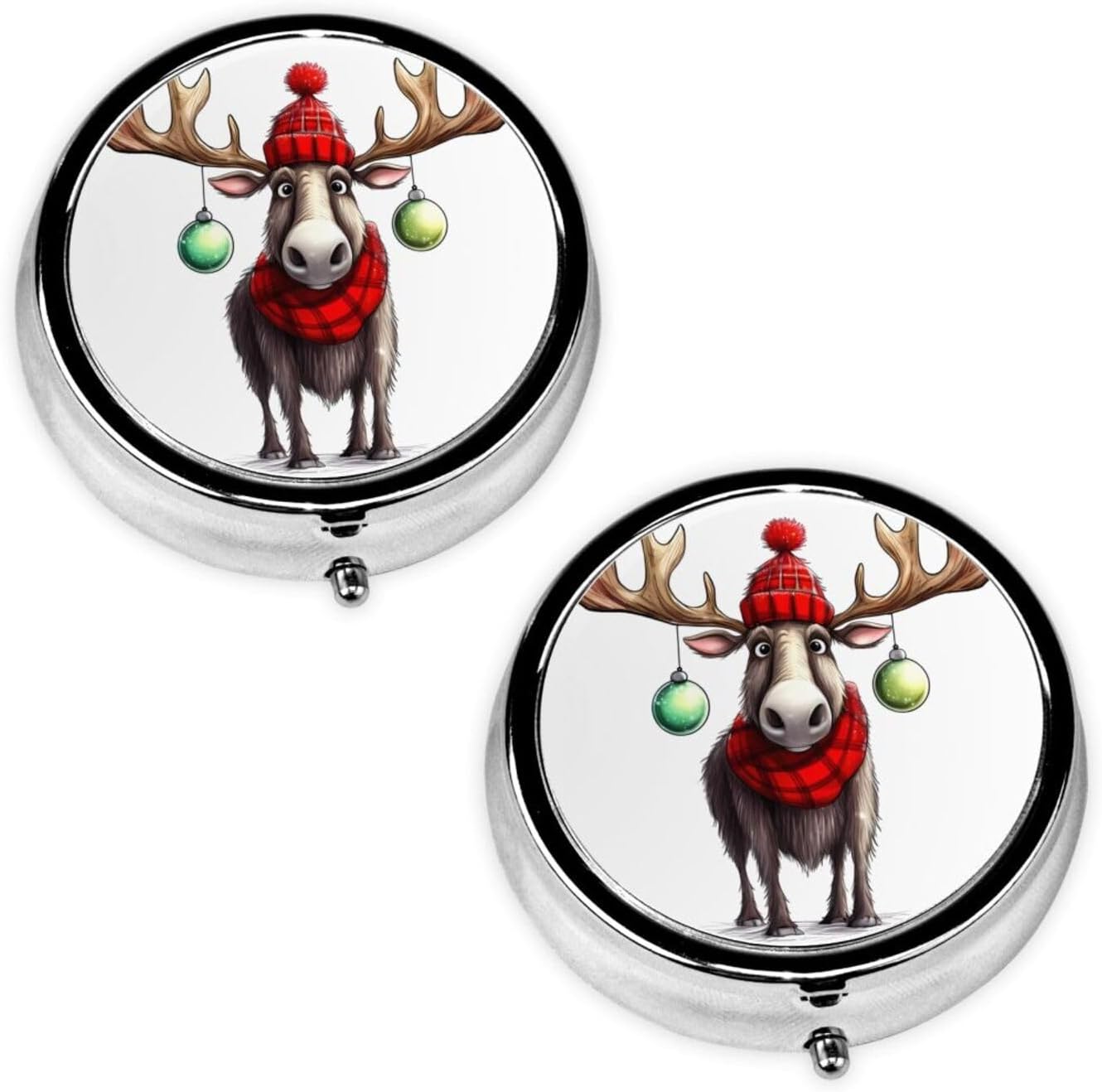 Funny Christmas Moose Print Round Pill Box, Printed Metal Case with 3 Compartments for Pills, Vitamins & Travel