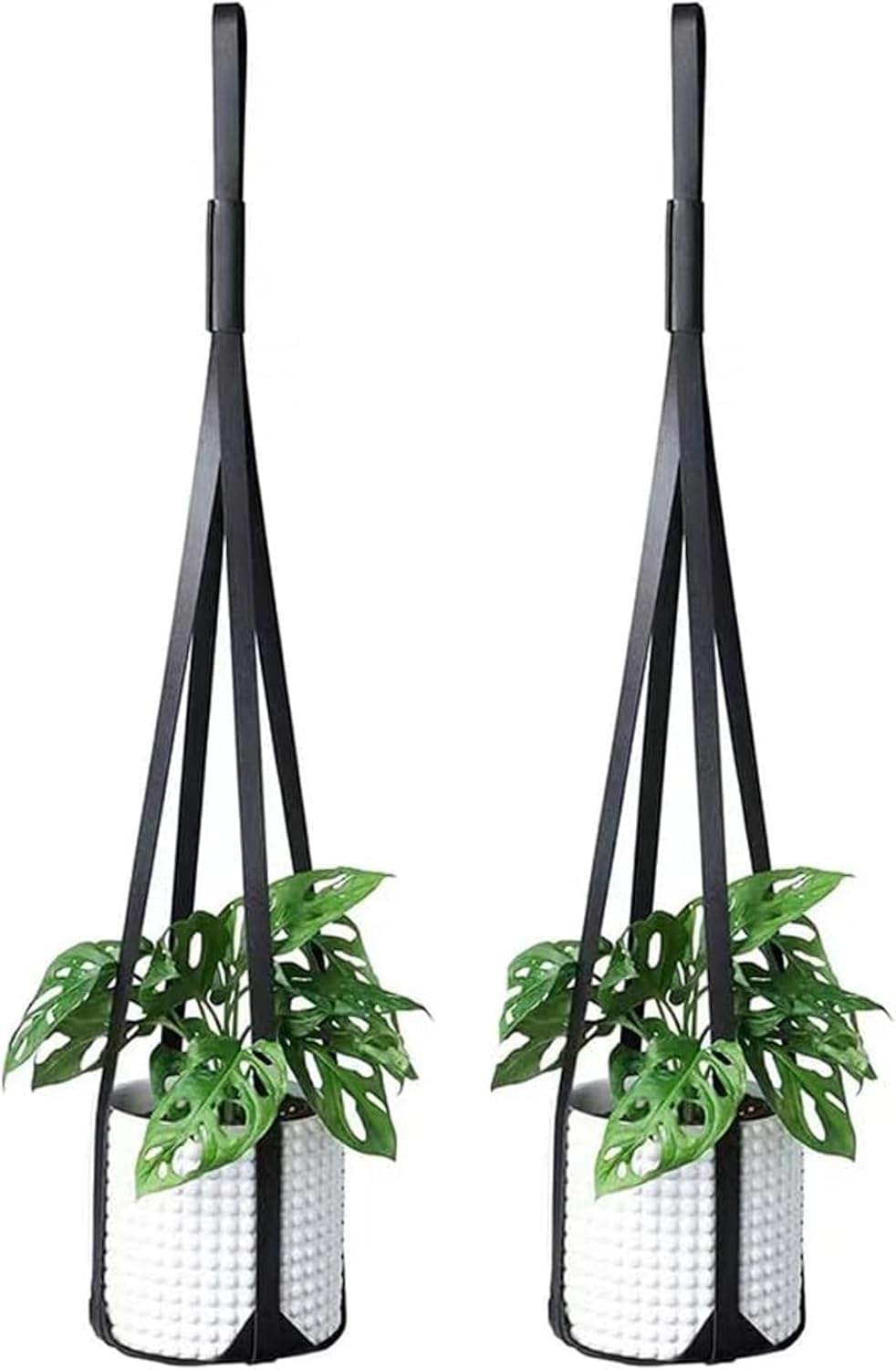 2Pcs Plant Hanger Indoor, Black PU Leather Plant Hangers, Planter Wall Hanging Shelf Holder with Leather Rope for Home Decoration Outdoor Gardening Accessory, Plant and Pot Not Included