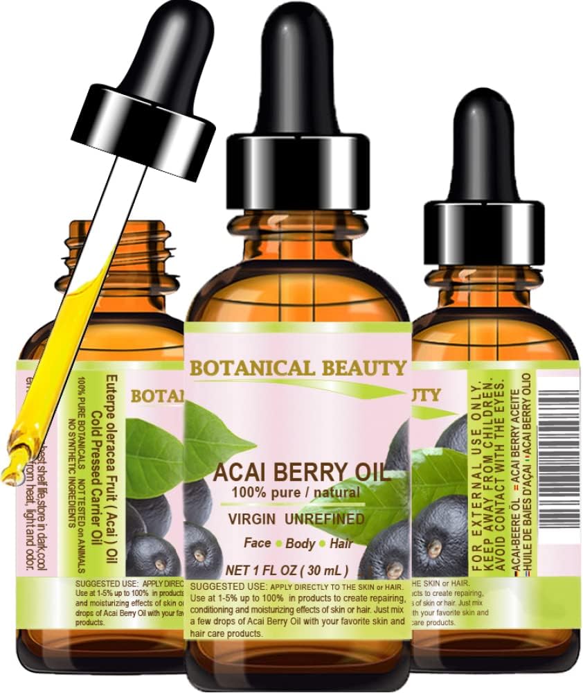 Botanical Beauty ACAI BERRY OIL 100% Pure Natural Virgin Unrefined Cold Pressed Carrier Oil. 0.5 Fl Oz 15 ml for Face, Skin, Hair, Lip, Nails. Rich in Vitamin E